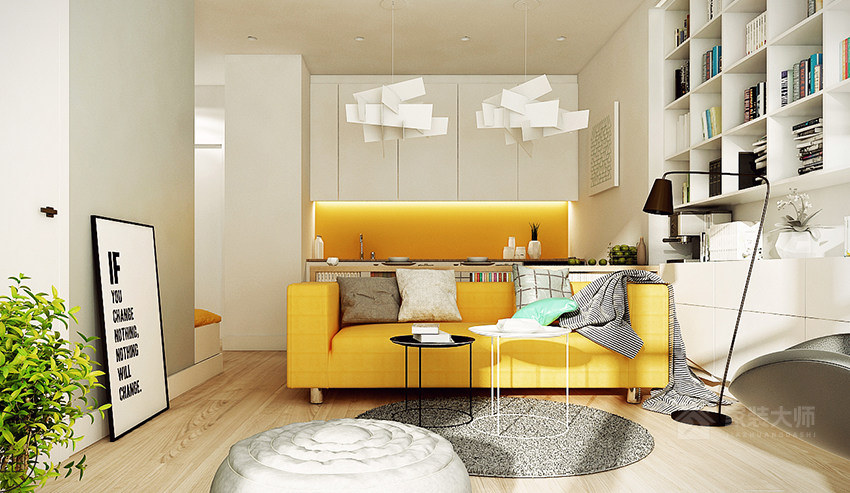 現代客廳黃色布藝沙發展示圖