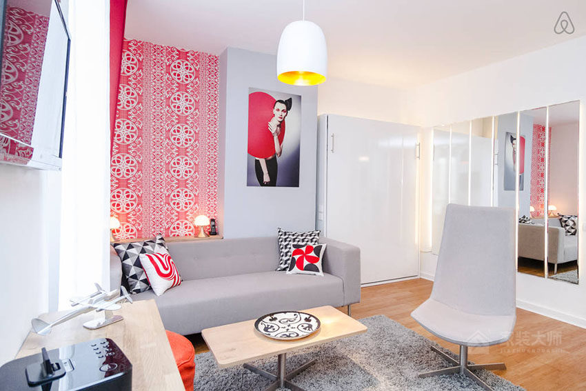 單身套房客廳現代布藝灰色沙發(fā)圖片