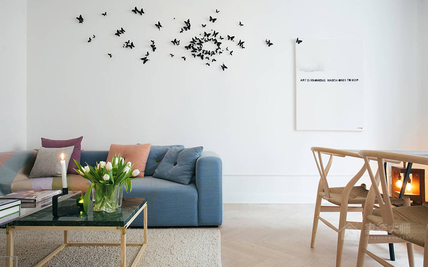 北欧风客厅现代布艺蓝色沙发效果图