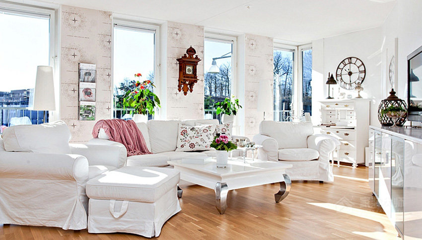 乡村风客厅现代白色布艺沙发效果图