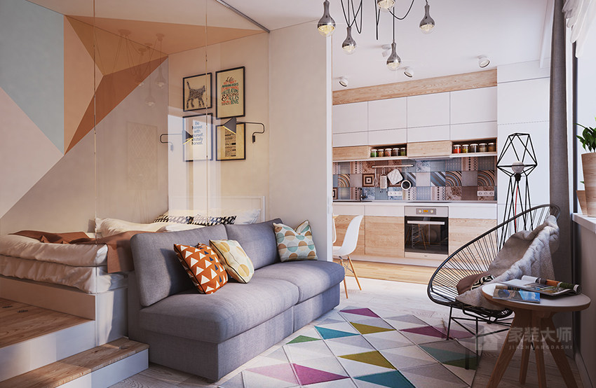 几何北欧风客厅现代布艺沙发效果图