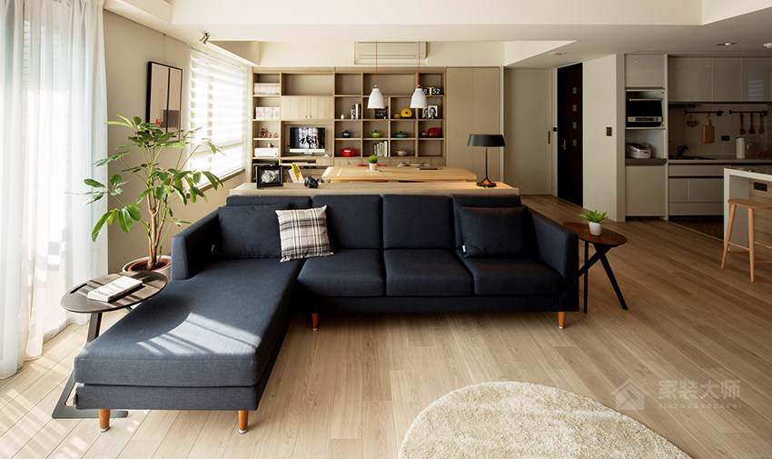 简约开放式客厅现代黑色布艺沙发图片