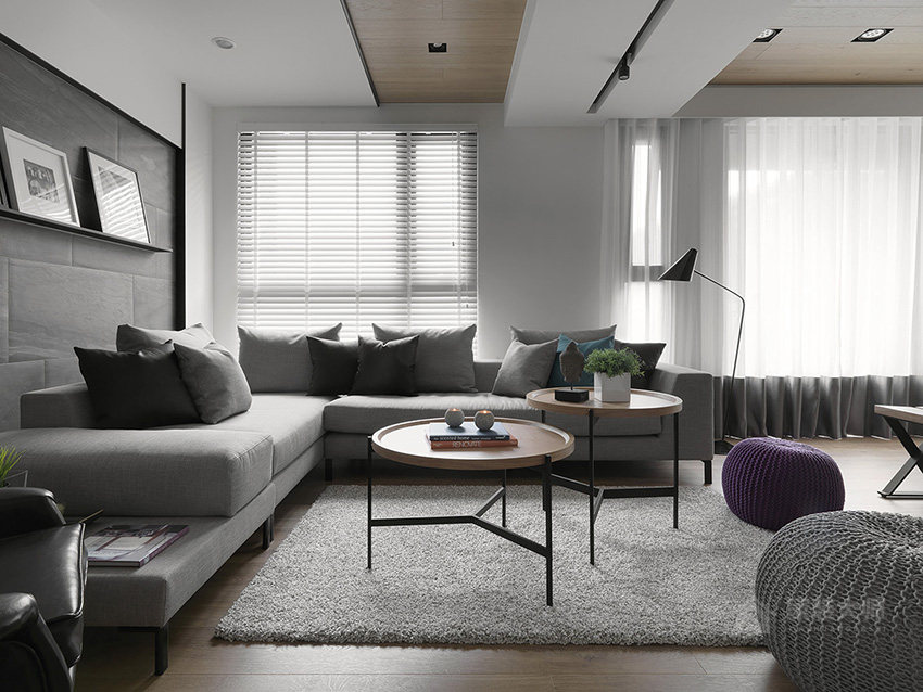 现代北欧风客厅灰色布艺沙发组合图片