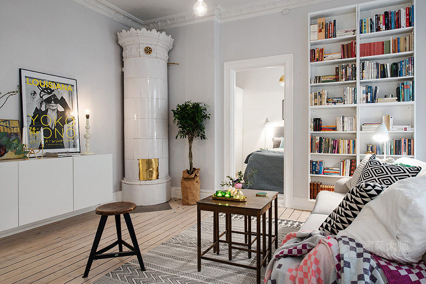 北欧风单身公寓客厅白色实木书柜效果图