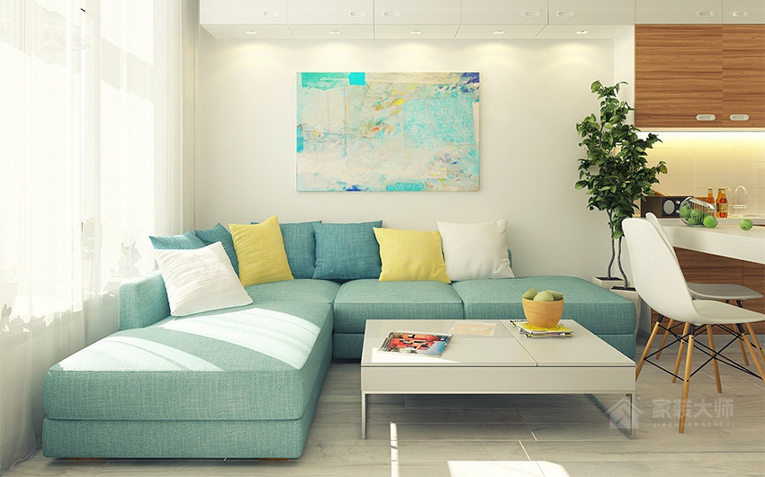北欧风客厅欧式蓝色布艺沙发效果图