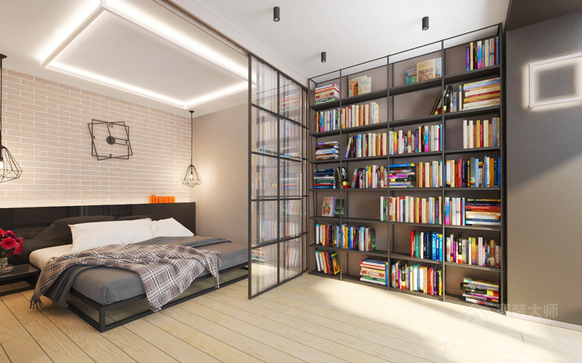 时尚单身公寓卧室黑色书柜效果图