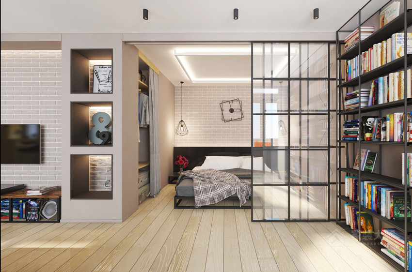 现代时尚单身公寓客厅玻璃隔断图片
