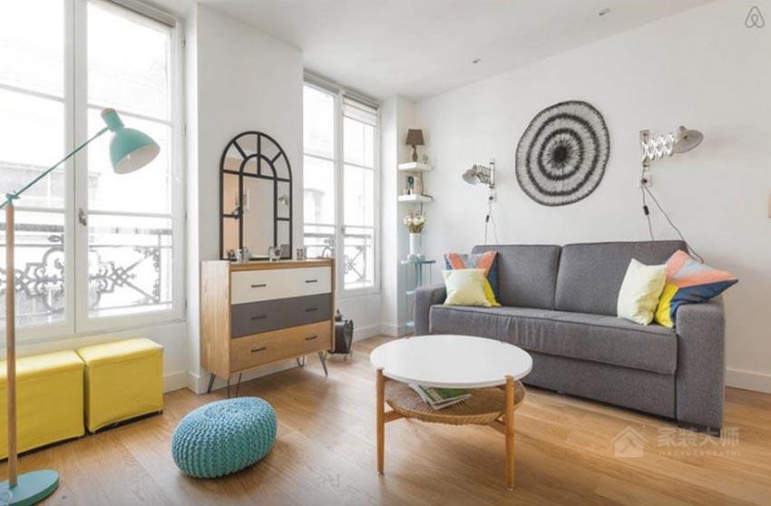 北欧风单身公寓客厅现代灰色布艺沙发效果图