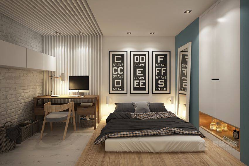 北歐風單身公寓臥室歐式雙人床效果圖