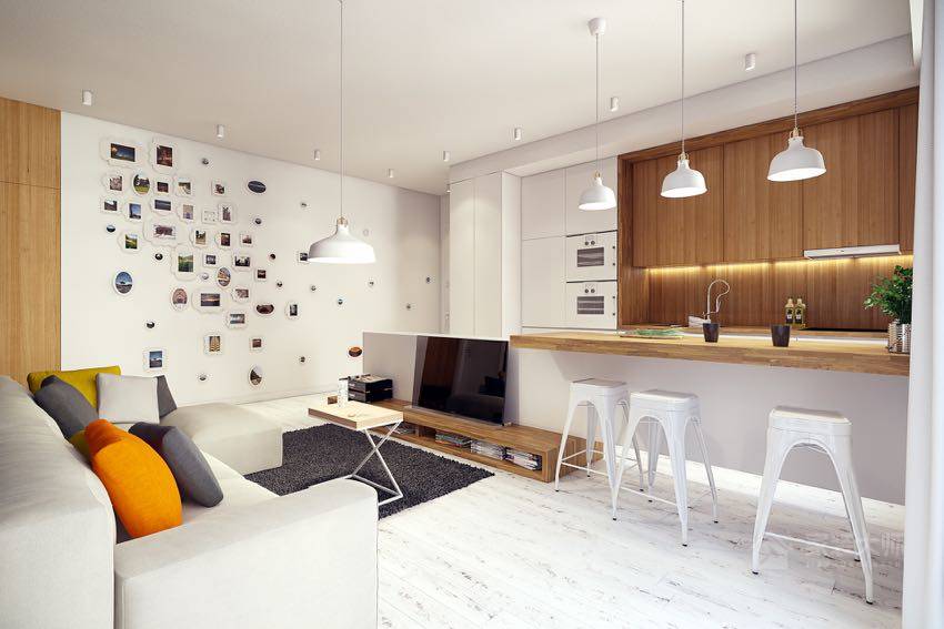 现代北欧风公寓客厅原木色吧台图片