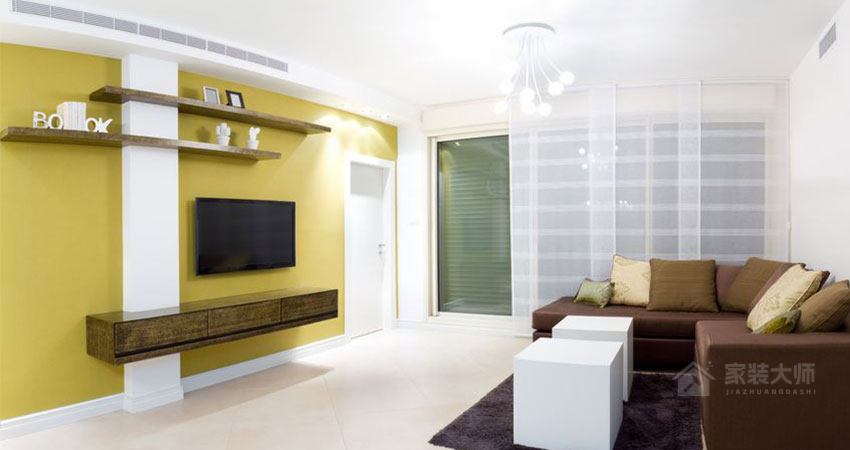 現代客廳黃色電視墻背景圖