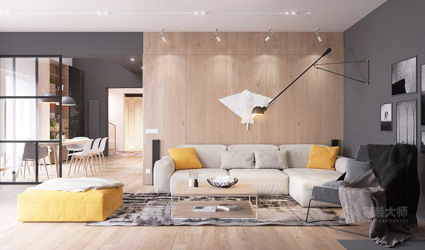 現代復層公寓客廳米色歐式布藝沙發(fā)效果圖