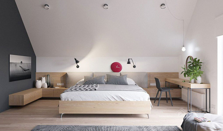 现代简约时尚卧室实木床效果图