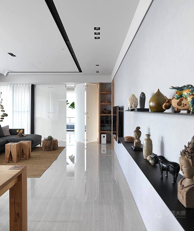 現代木質光感住宅簡約背景墻置物架圖片
