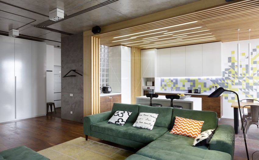 現代輕工業風客廳綠色布藝組合沙發效果圖