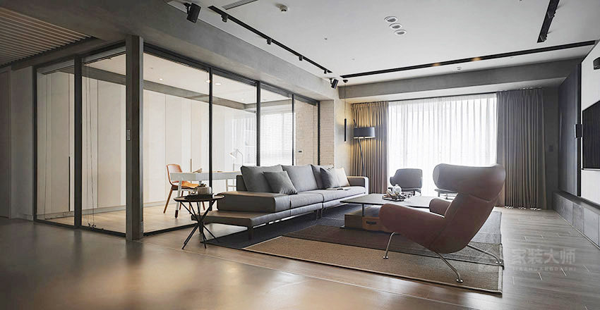 现代工业风客厅灰色布艺沙发效果图