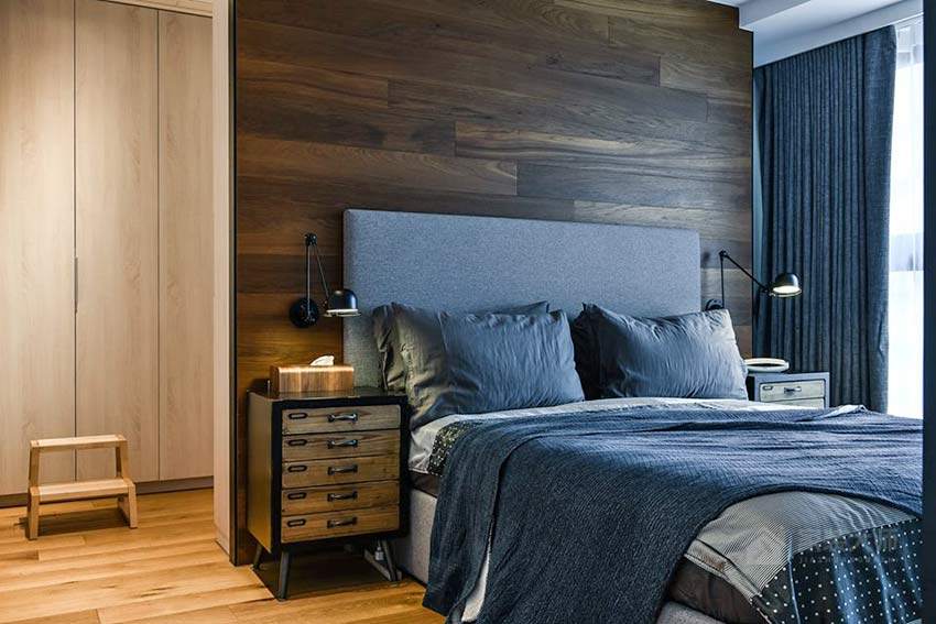 工业风格卧室蓝色时尚布艺床图片