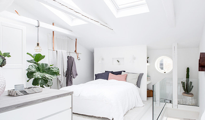 北欧风格卧室时尚简约白色布艺床效果图