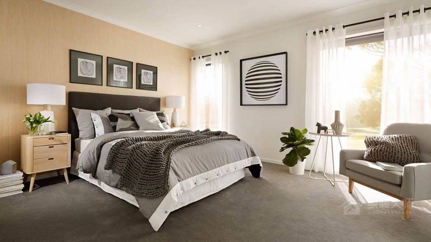 现代暖色系客厅灰色布艺床效果图