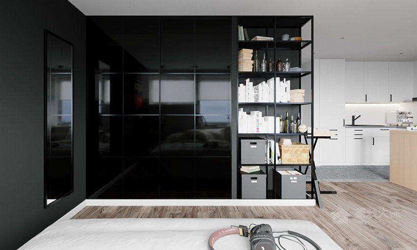 现代客厅黑色简约储物柜效果图