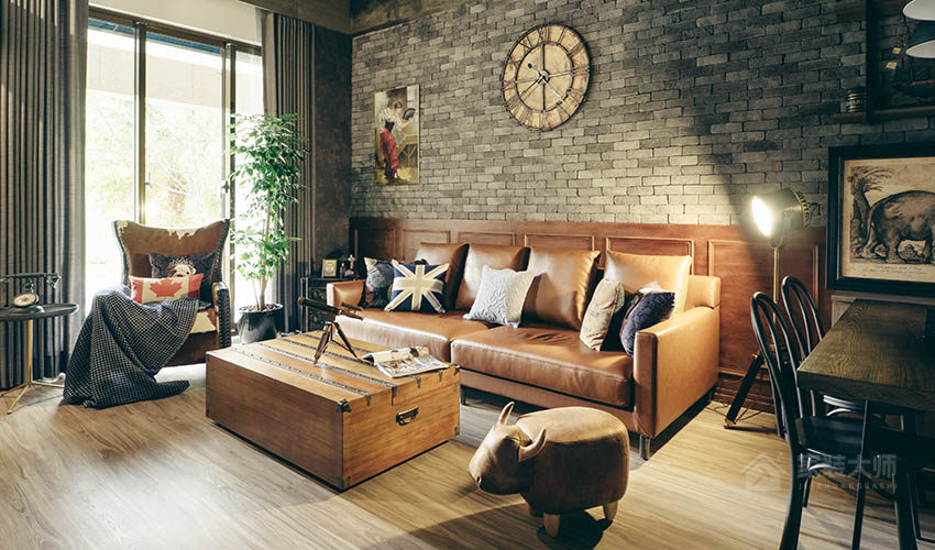 工业风客厅棕色皮质沙发效果图