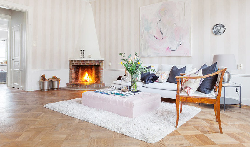 现代简约客厅粉色墙纸效果图