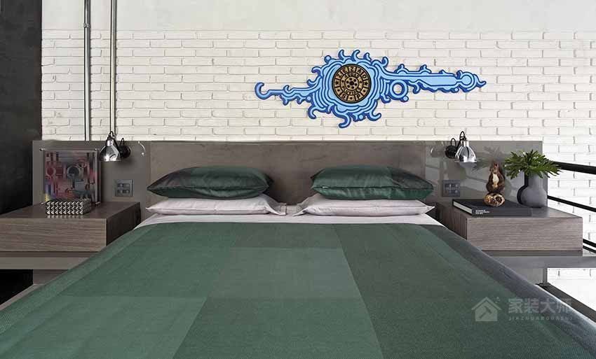 工业风卧室绿色双人床图片