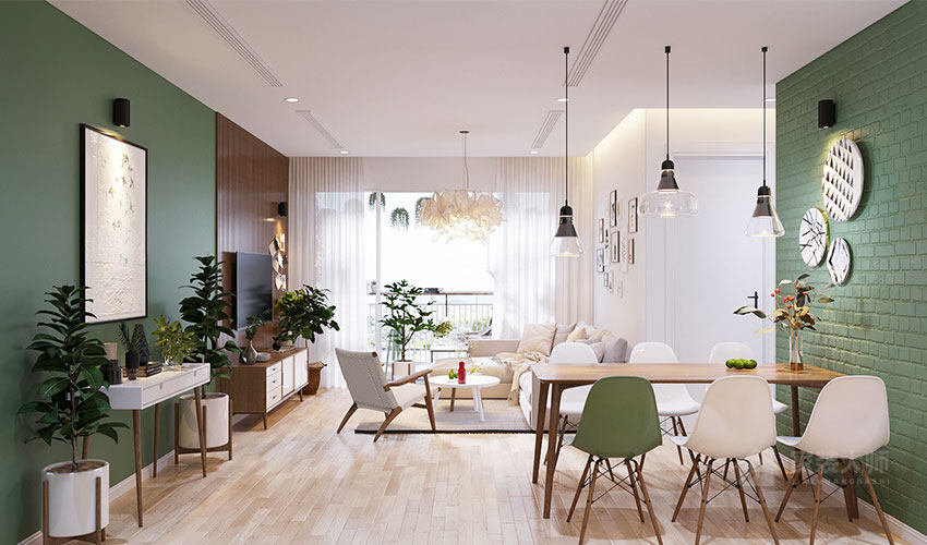 越南清新绿木质亲子公寓装修效果图