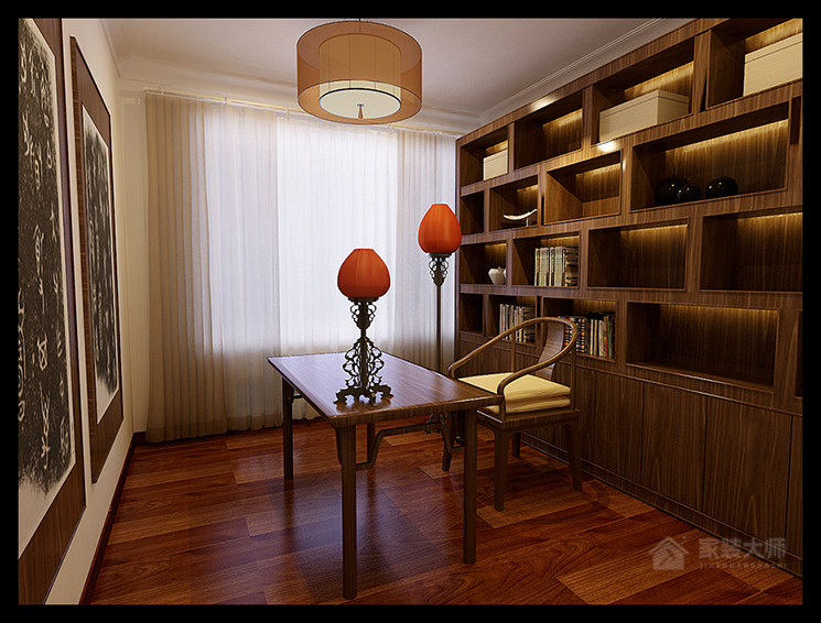 中式装修书房整体书柜效果图