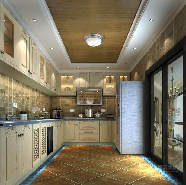 美式风格L型大厨房装修效果图