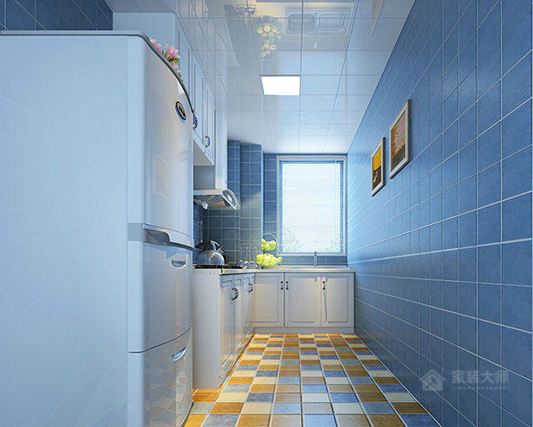 地中海風(fēng)格L型廚房藍色背景墻效果圖