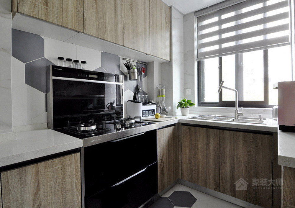 现代简约原木设计L型厨房家装效果图