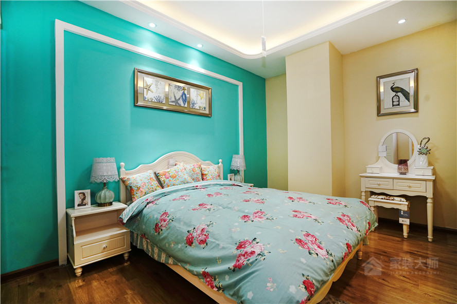 韩式风格卧室蓝色背景墙设计效果图