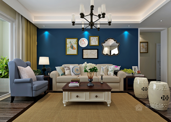 現代古典元素設計客廳藍色沙發背景墻效果圖
