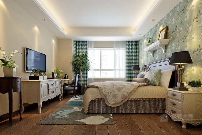 古典设计卧室背景墙绿色花纹墙纸图片