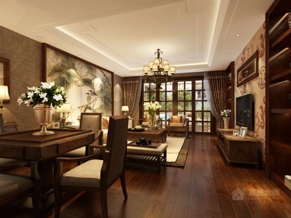 中式古典设计客餐厅一体效果图