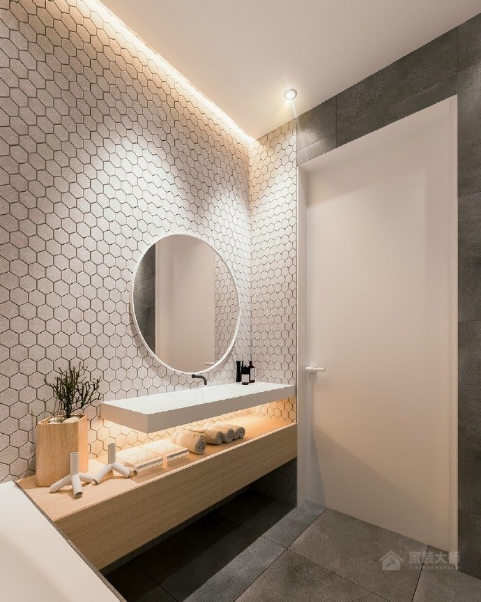 韩式公寓卫生间六边形白色瓷砖背景墙效果图