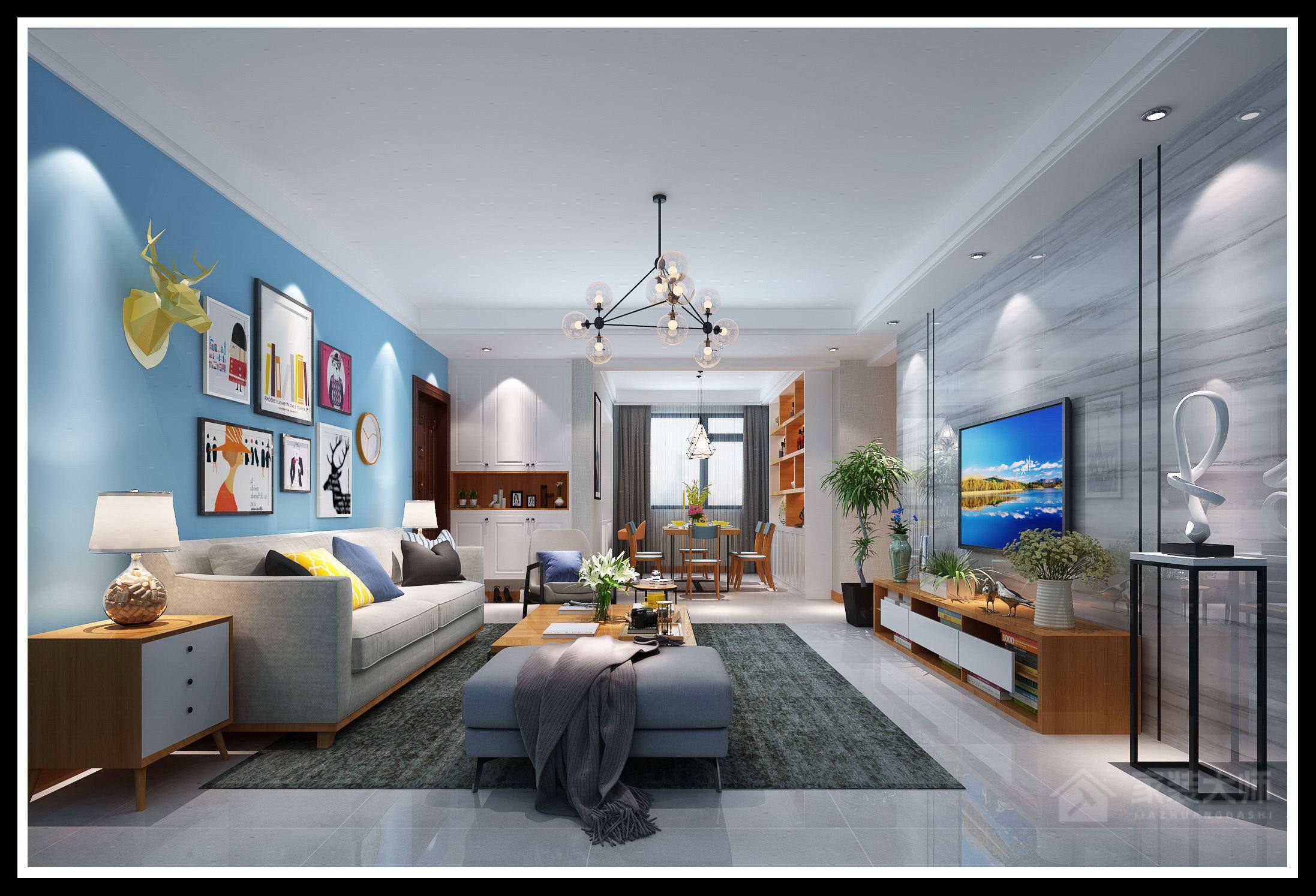 北欧风格客厅风灰色蓝色沙发效果图