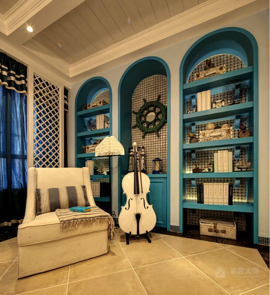 地中海風格書房藍色書柜裝飾圖片