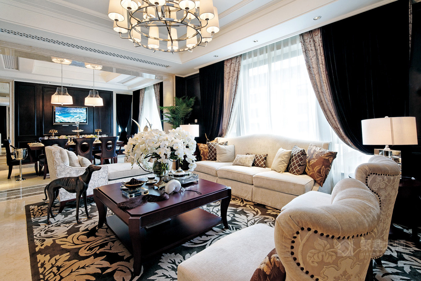 歐式客廳白色布藝沙發組合圖片