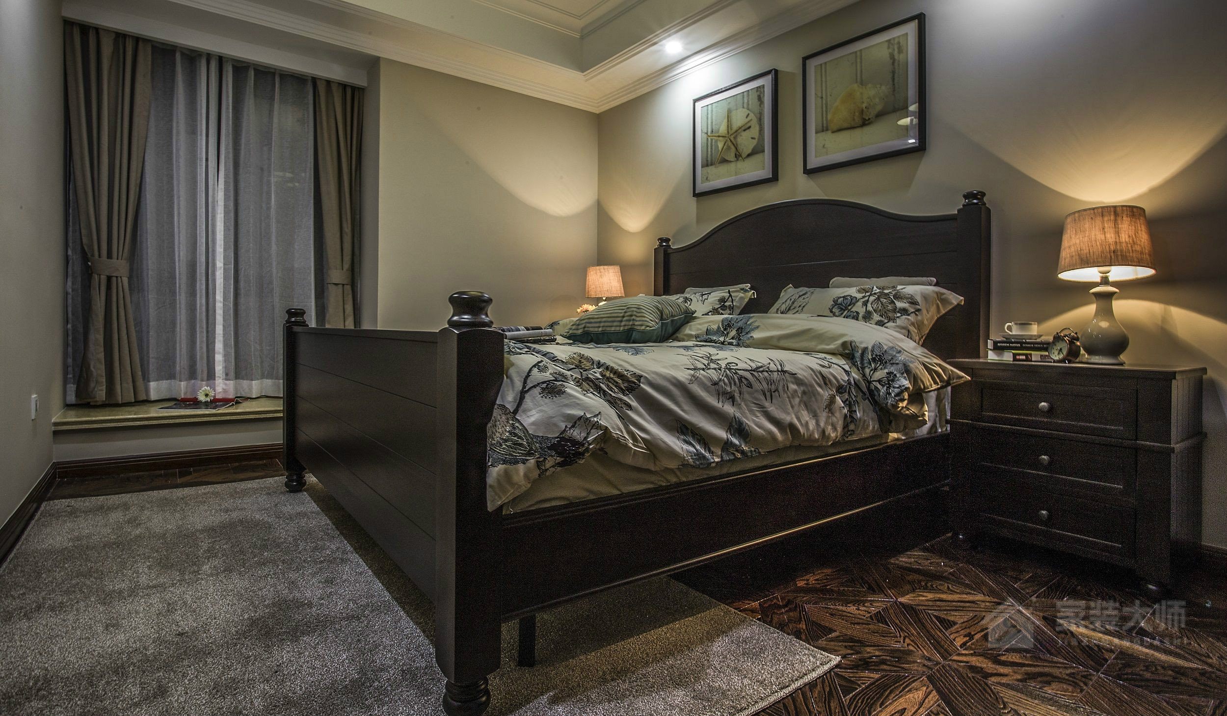 美式臥室原木材質雙人床效果圖