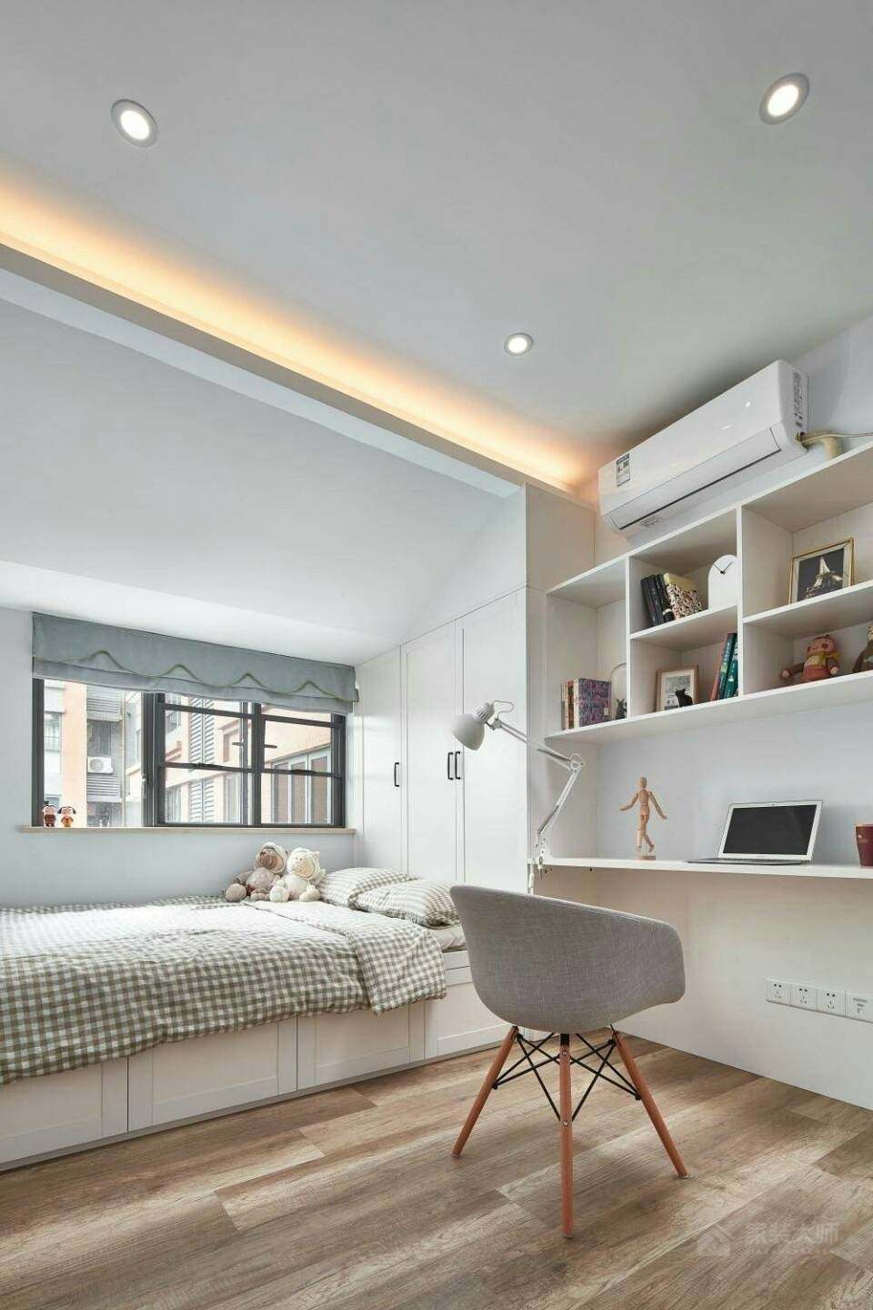 北欧风格卧室白色书桌书柜一体化效果图
