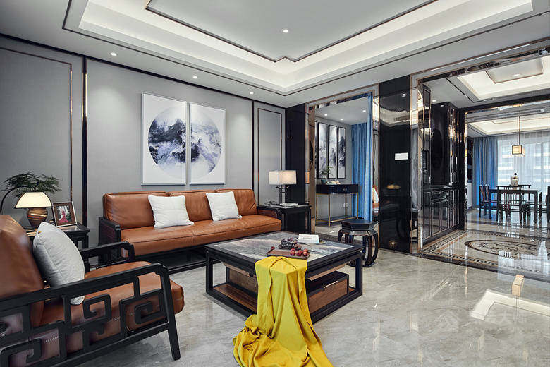 中式风格客厅棕色皮质沙发图片