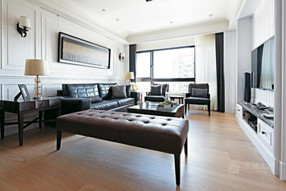 美式风客厅黑色皮质沙发效果图