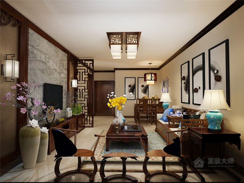 中式装修客厅实木沙发茶几组合图片