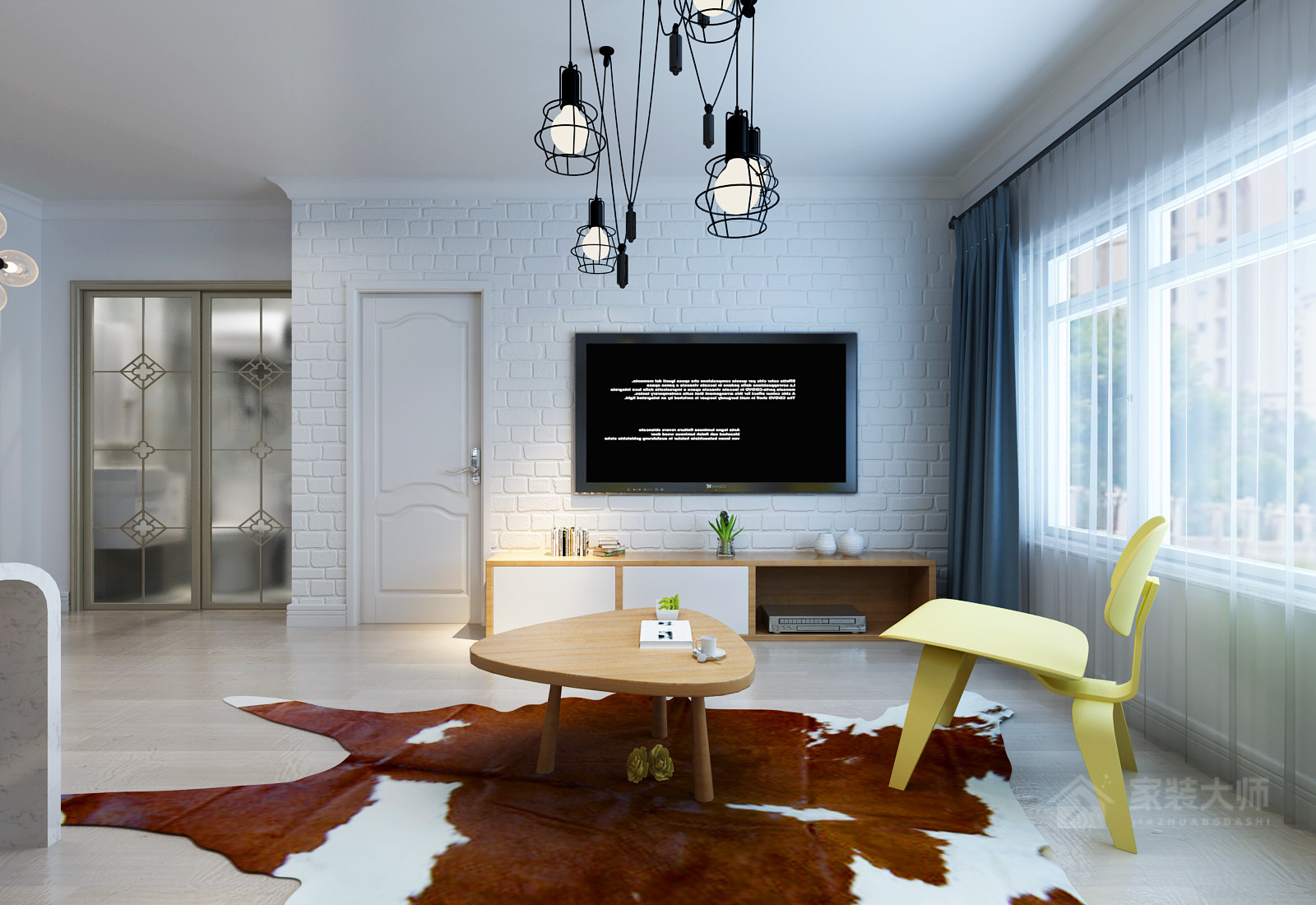 北欧风格客厅白色电视砖墙效果图