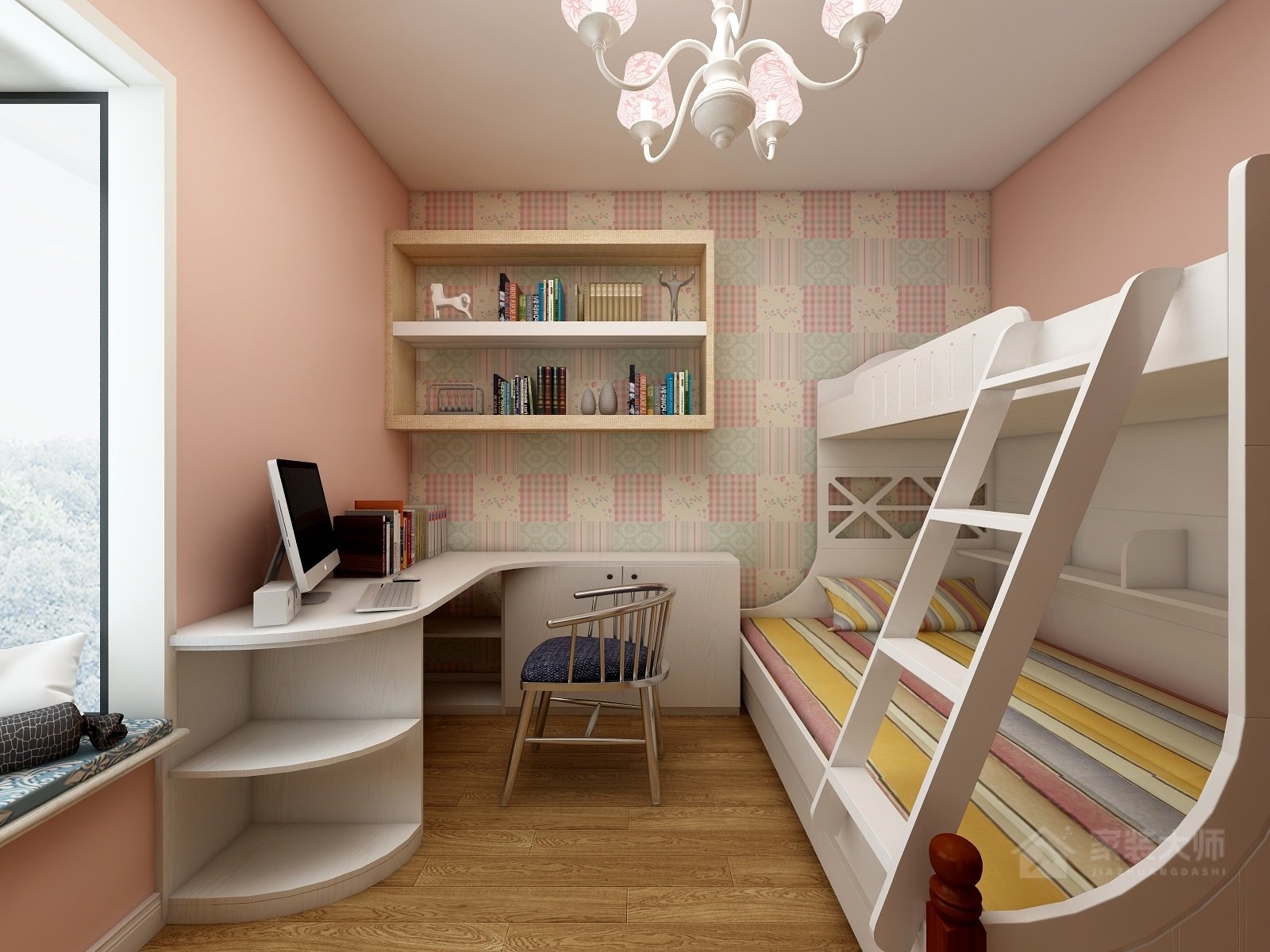 清新整洁现代儿童房高低床效果图