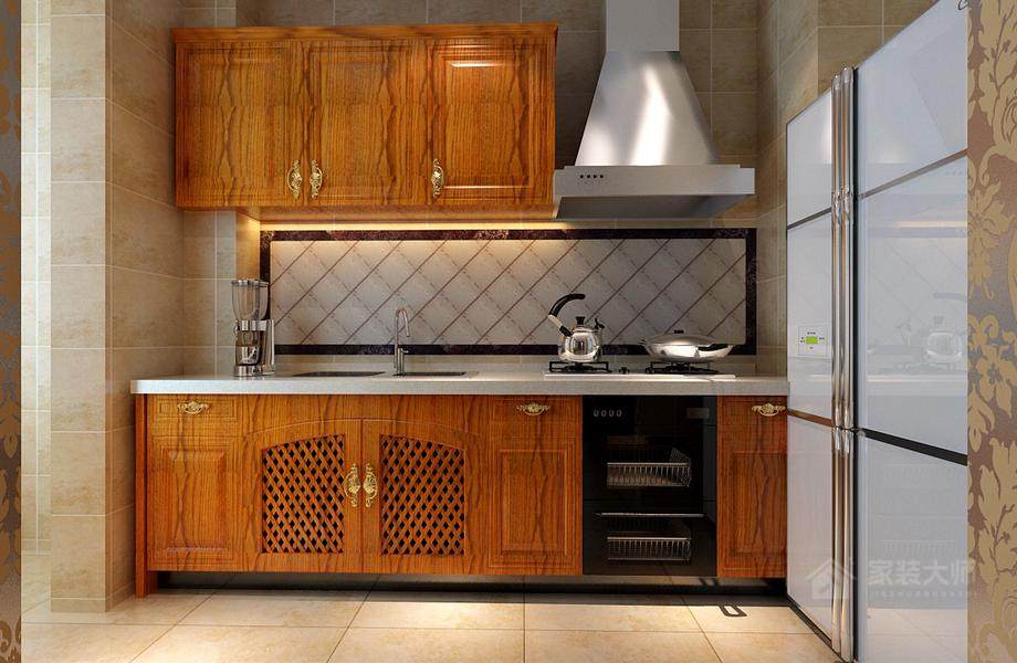 古典实用厨房一字型实木橱柜效果图