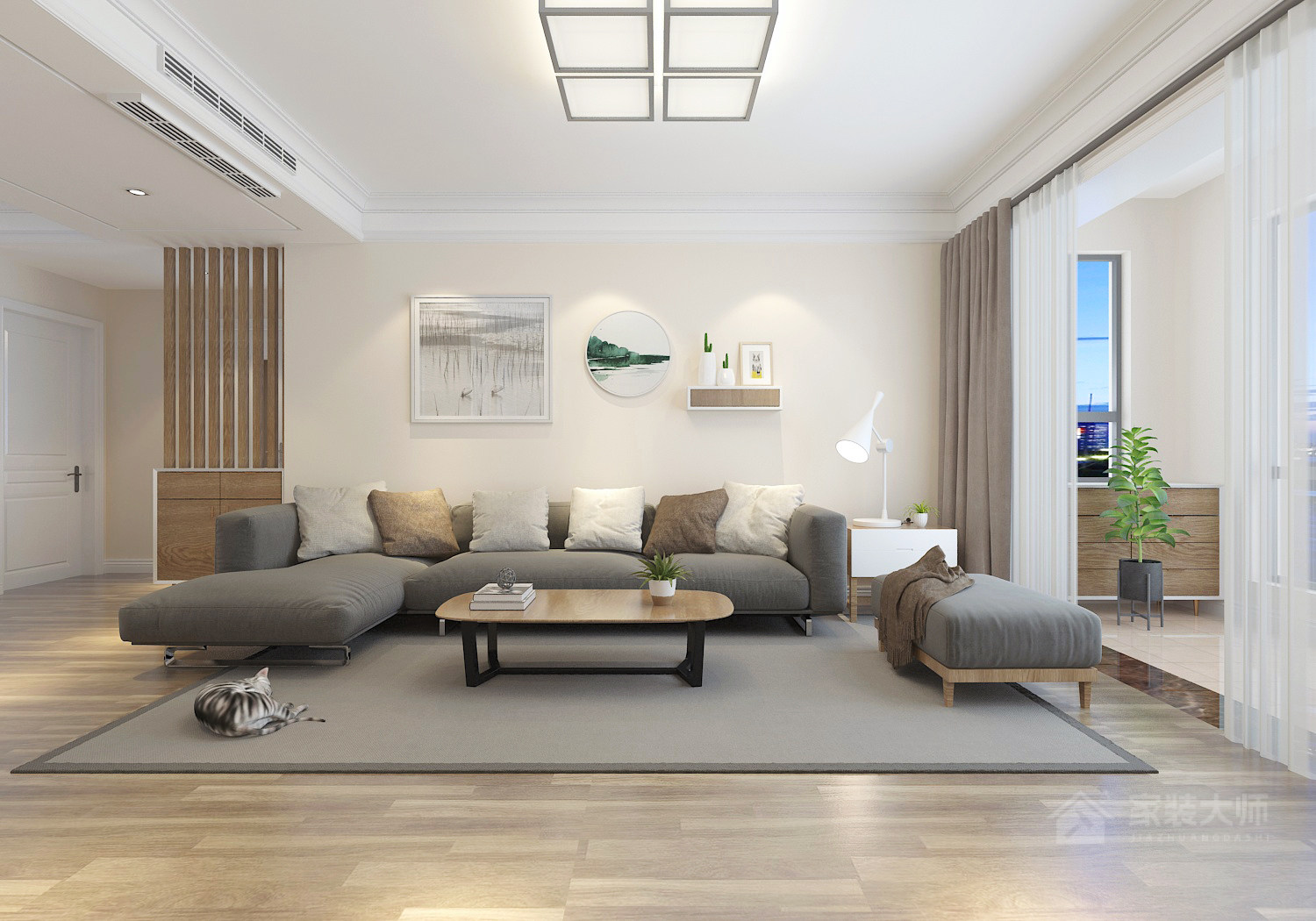 日式客厅灰色布艺转角沙发效果图