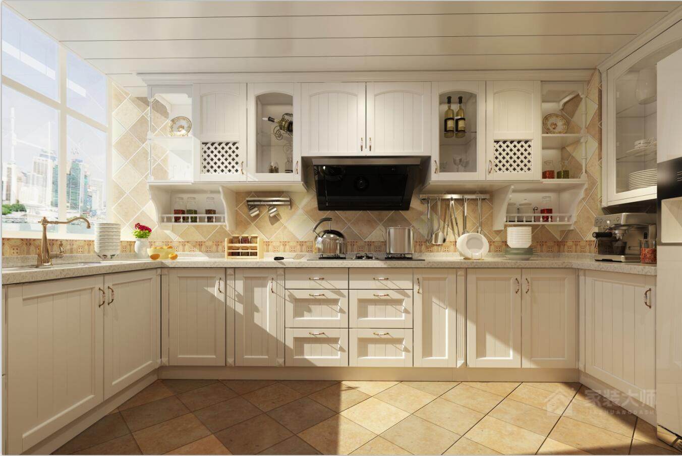 厨房原木白色实木橱柜展示图